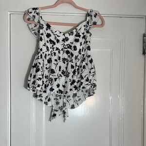 URBAN Romantics White and Black Floral Tie-Front Ruffle Tank